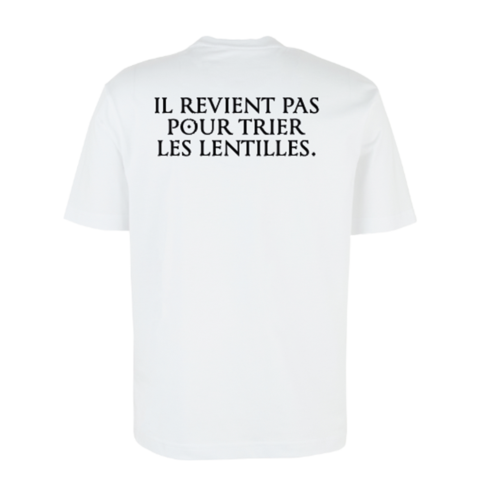 Kaamelott - T-shirt blanc citation "Il revient pas pour trier les lentilles"